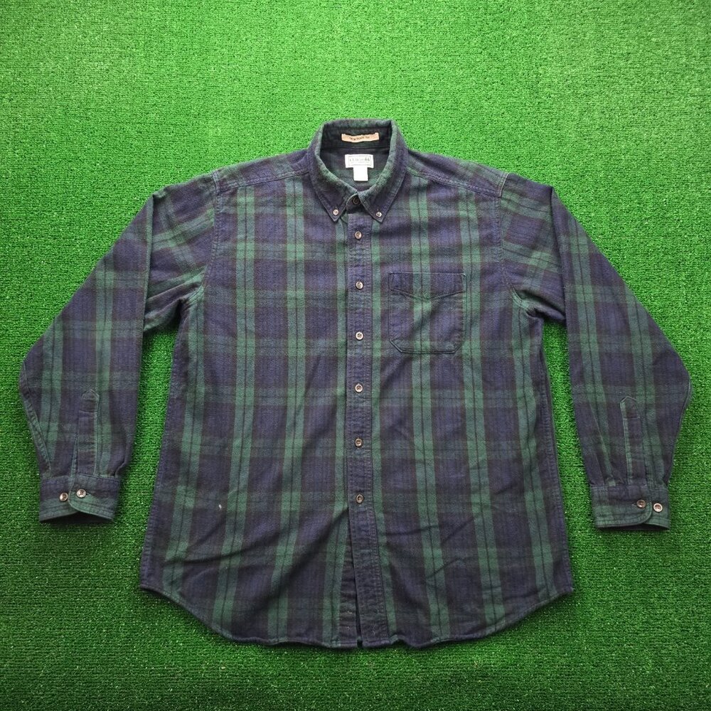LL Bean Shirt Mens Large/XL Blue Green Plaid Button Down Long Sleeve Traditional